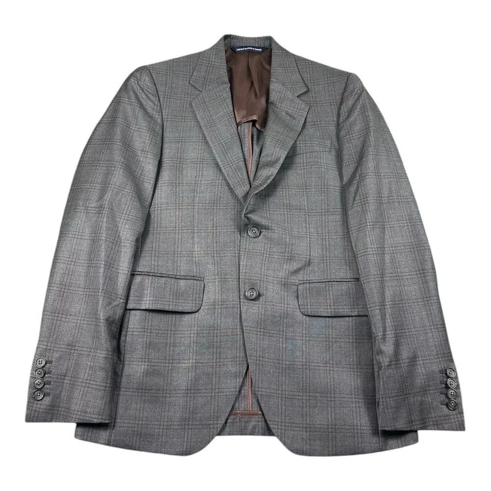 Coppley Gray Brown Check Super 130s Wool Blazer Mens 36S Tailored Jacket
